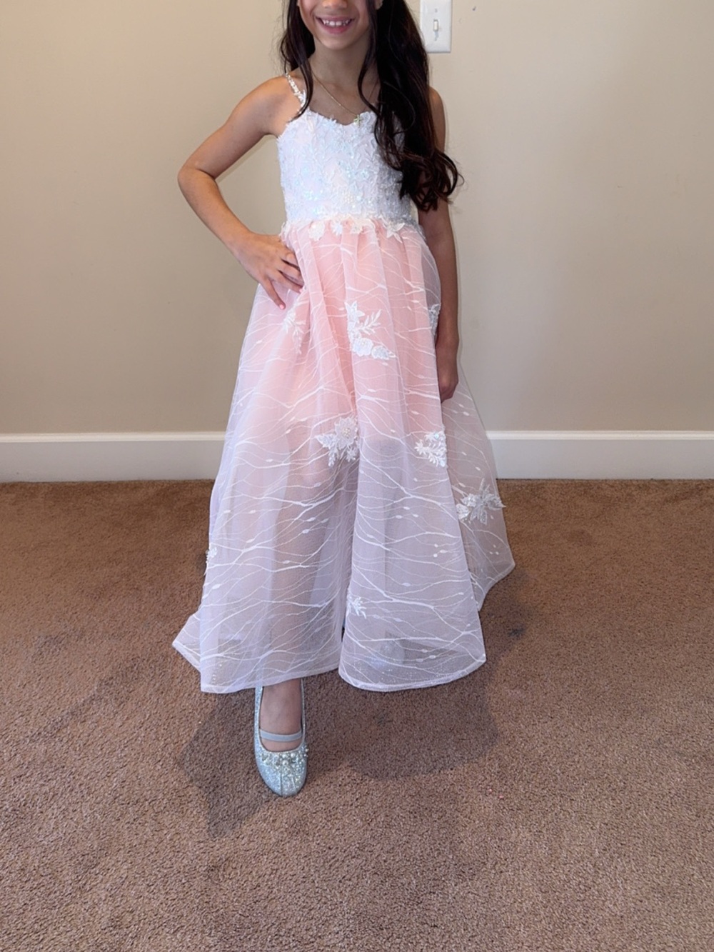 Girls Pink & White Floral Lace Party Dress